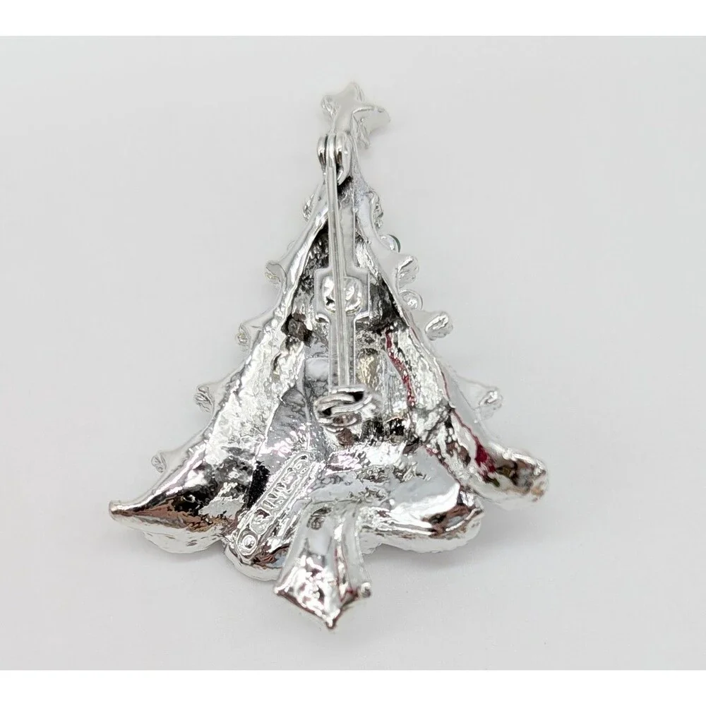 Gerry's Christmas Tree Brooch Pin Rhinestone Silver Tone Enamel Holiday